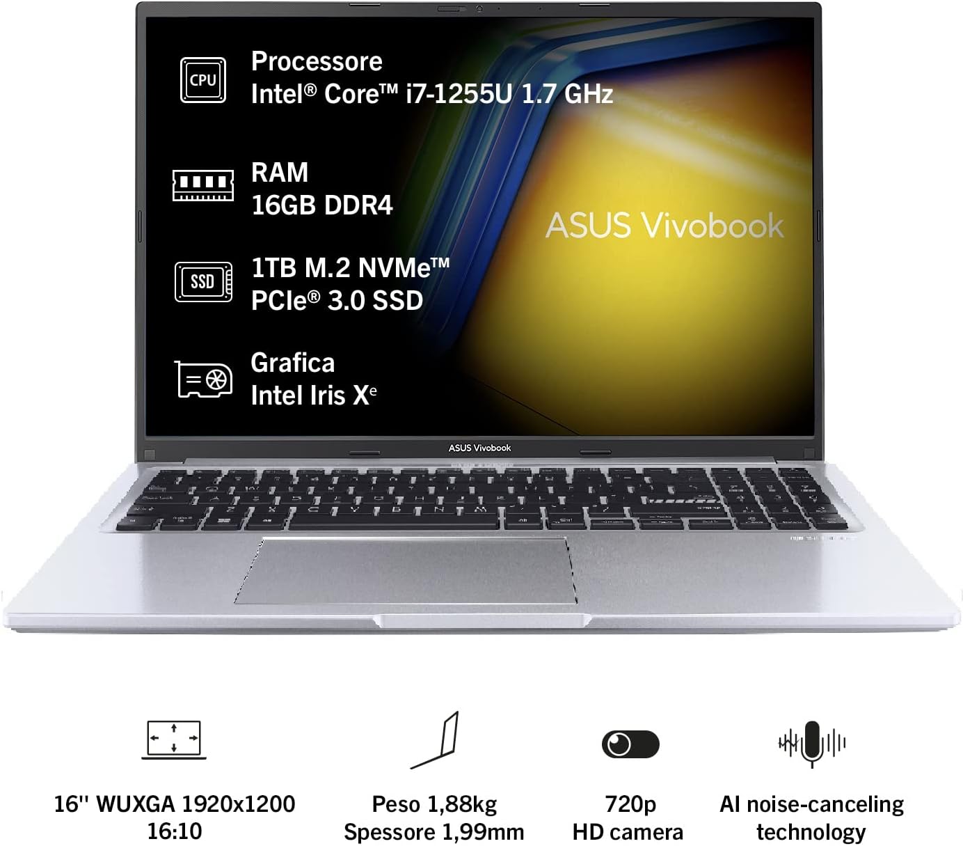 ASUS Vivobook 16X F1605ZA#B0BSXH2VGZ, Notebook con Monitor 16 WUXGA Anti-Glare, Intel Core 12ma Gen i7-1255U, RAM 16GB, 512GB SSD PCIE, Grafica Intel Iris Xe, Windows 11 Home, Argento ASUS Vivobook 16X F1605ZA#B0BSXH2VGZ, Notebook con Monitor 16 WUXGA Anti-Glare, Intel Core 12ma Gen i7-1255U, RAM 16GB, 512GB SSD PCIE, Grafica Intel Iris Xe, Windows 11 Home, Argento