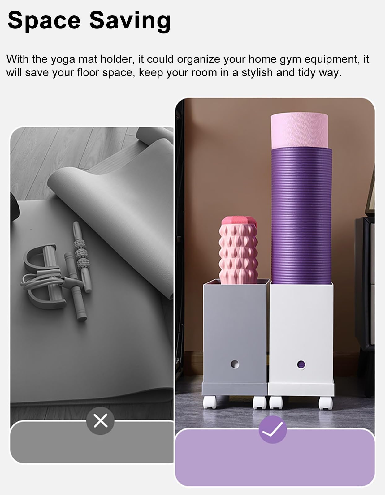 Soporte para Esterilla de Yoga, Estante de Almacenamiento con Ruedas, Soporte de Gran Capacidad para Rodillos de Espuma, Bloques de Yoga y Bandas de Resistencia, Organizador de Gimnasio en c