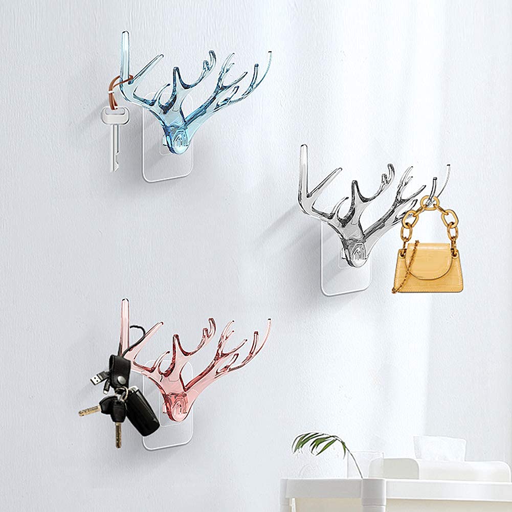 3 Pc Novelty Antler Punch Free Wall Hanging Hooks Rack Adhesive Wall Mounted Hooks Clothes Hat Scarf Hanger Decoration Blue