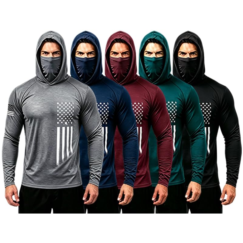 Aprqmw 5 Pack Men Camo Hooded Shirt with Mask, Light Breathable Stretch Moisture Transfer Rash Guard for Fishing