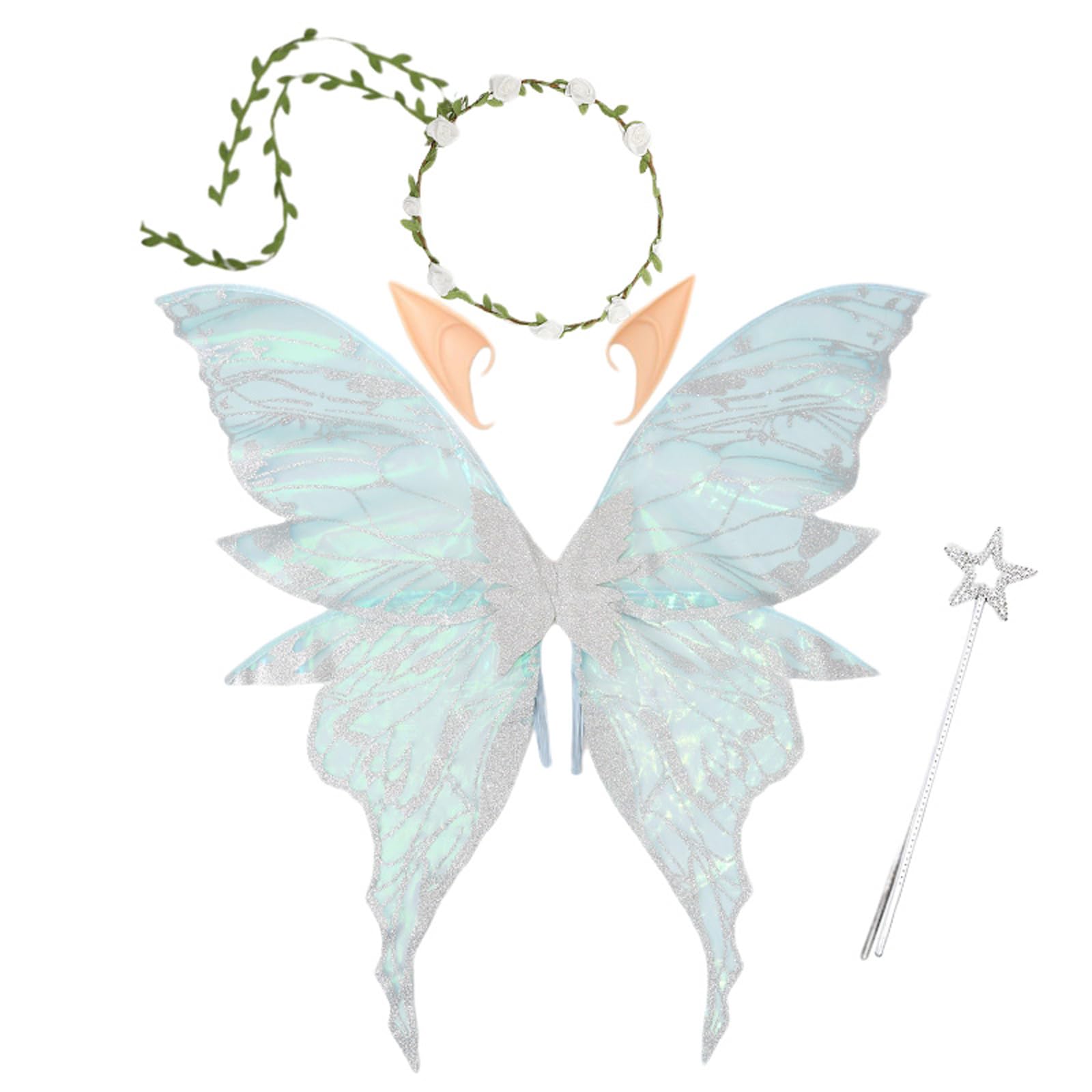 ESSECMBS 4pcs Halloween Fairy Wings Set for Girls Women Butterfly Wings Elf Ears Magic Wand Flower Headband for Cosplay (Silver, 80cmx75cm)