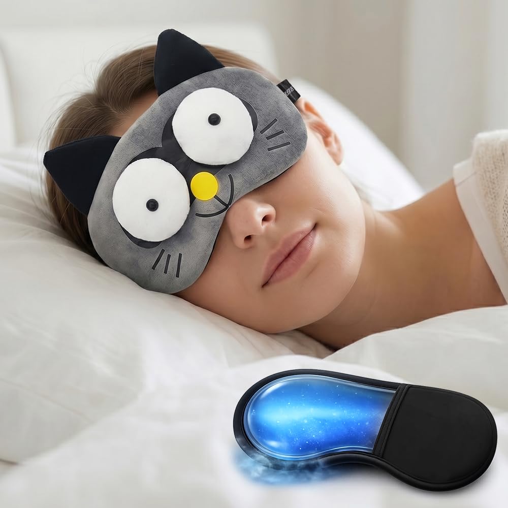 Jenna Sleeping Eye Mask for Sleeping for Women Sleep Mask Blind Fold Eye Cover for Sleep Soft Plush Frog Eye Mask for Kids and Adults Eyemask Lightweight & Durable (FurHelloPink-Gel)