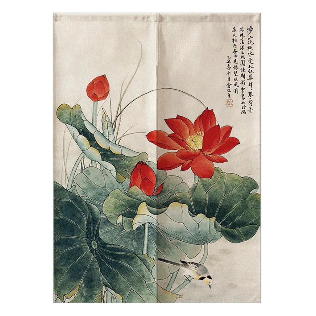 Rideau de porte oiseau et lotus 85x150cm pour masquer les vis-à-vis