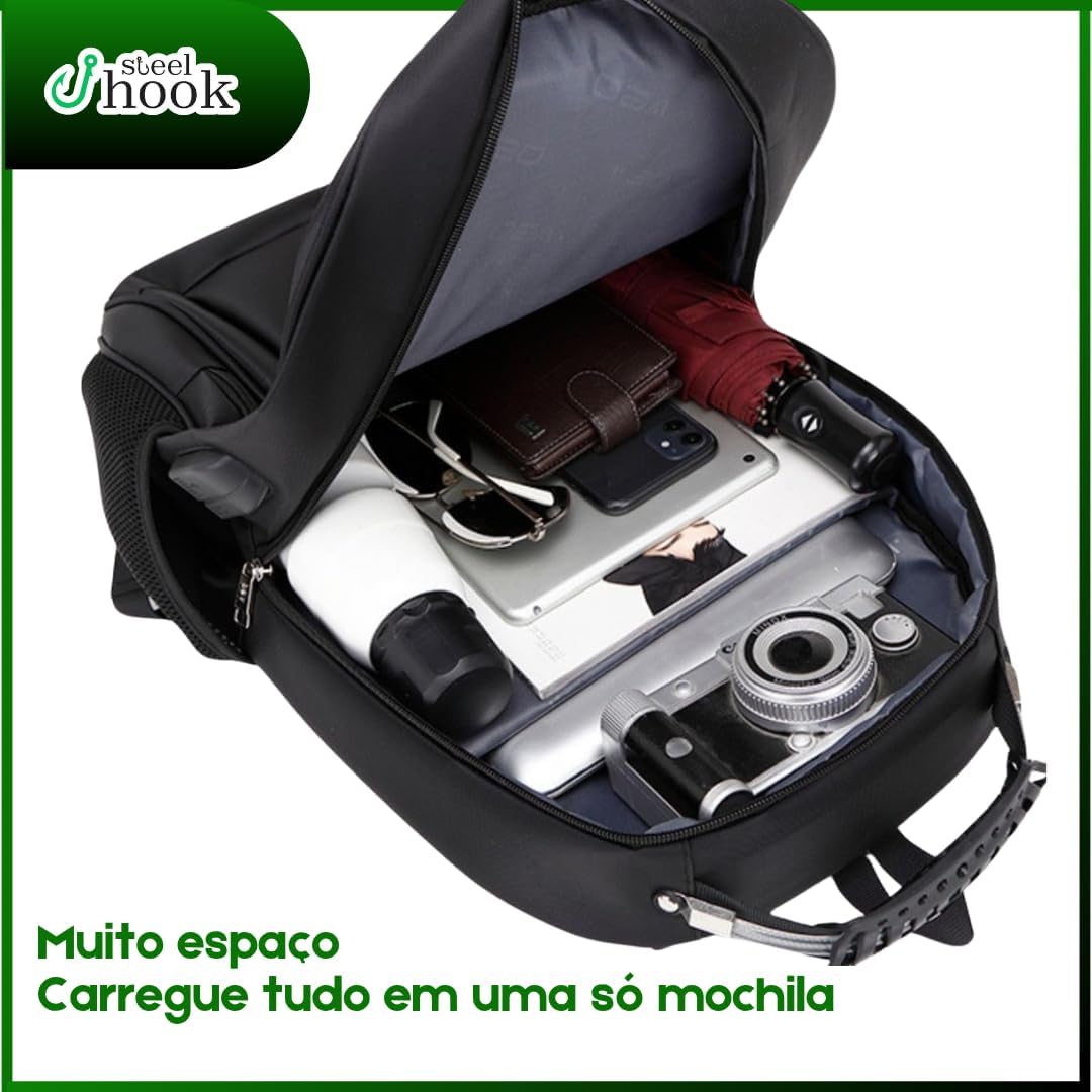 Mochila para Notebook Masculina Feminina para Notebook 17 – Mochila executiva Antifurto, Reforçada, Saídas USB e Fone, Alça de Aço, Impermeável, Escolar, Faculdade, Trabalho ou Viagem – Preta Premium