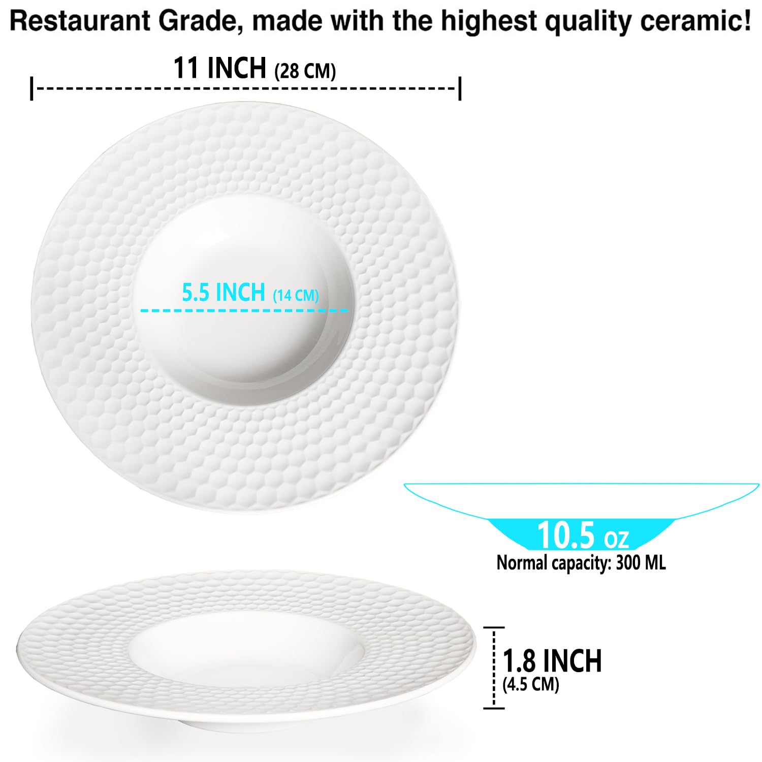Juego de 4 cuencos de sopa de porcelana para pasta, platos poco profundos, cuencos con borde de 10 onzas con borde, aptos para hornos microondas y refrigeradores (11 pulgadas)