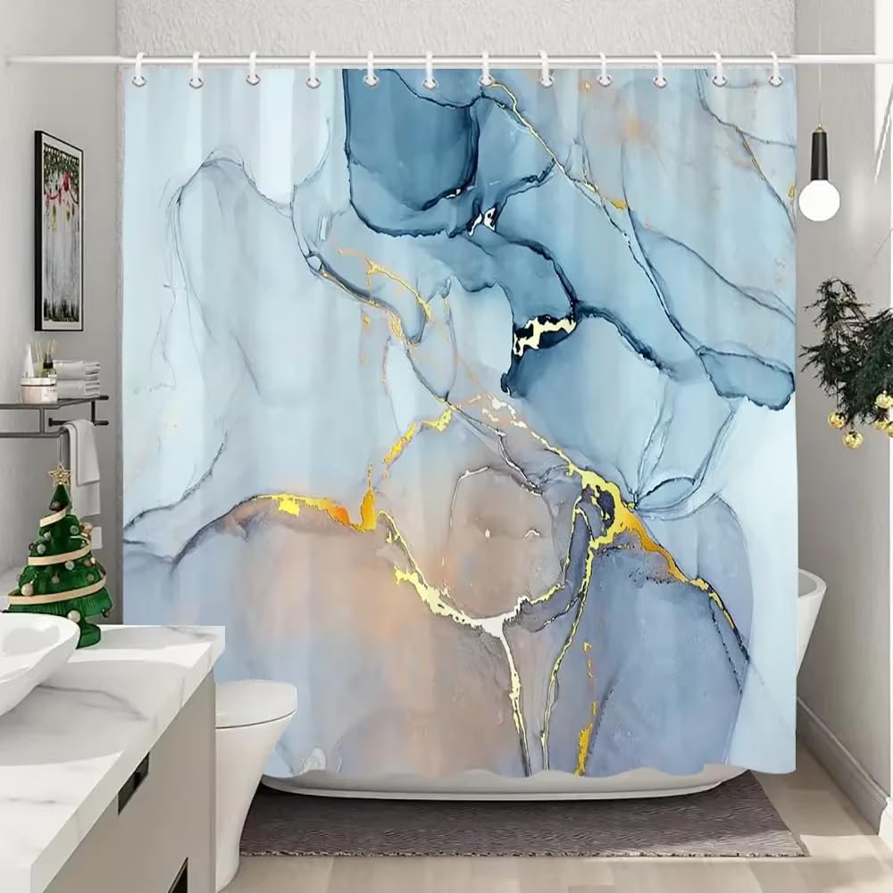 Duschvorhang aus Strukturiertem Marmor in Blau und Gold 200x300cm/Breite x Höhe Schwarz-weißer natürlicher Kunstmuster-Polyester-Stoff, waschbarer Badewannenvorhang