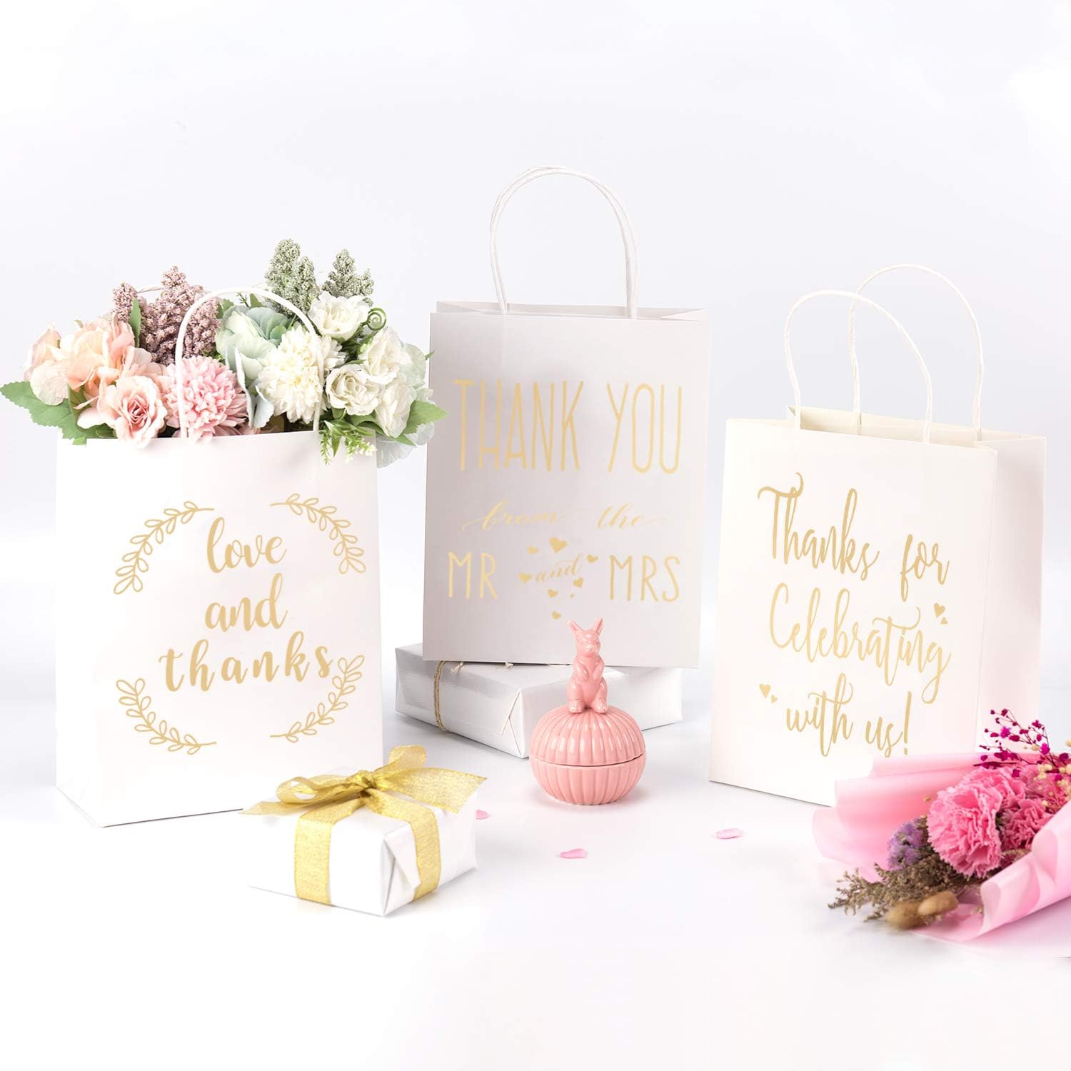 Best Deal LaRibbons Medium Size Gift Bags - Gold FoilMr. and Mrs. Thank You White Paper Bags with Handles for Wedding, Bridal Shower, Birthday, Baby Shower, Party Favors - 25 Pack - 8 x 4 x 10