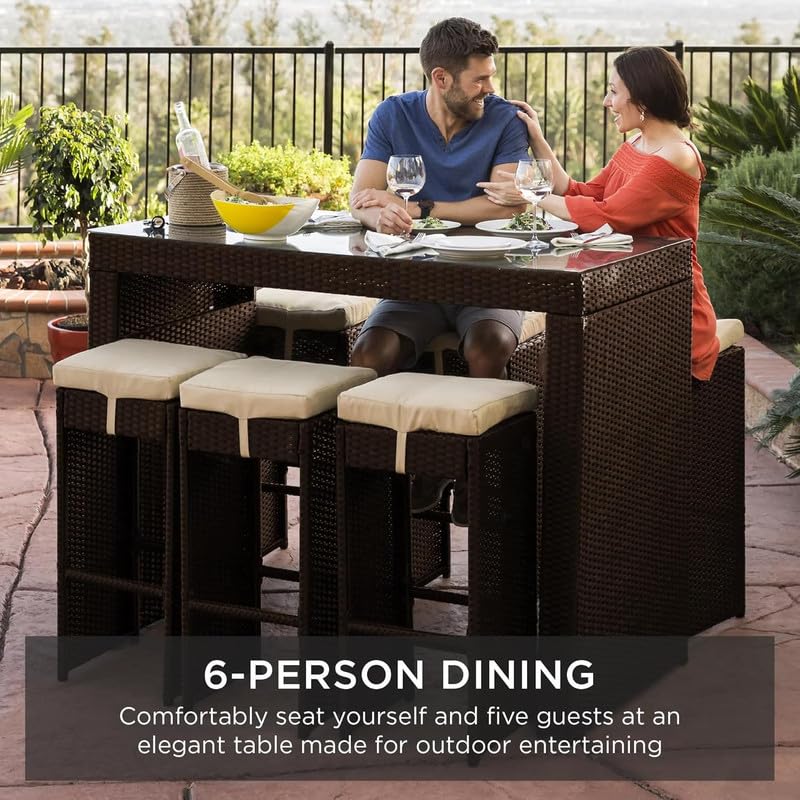 Image of OUTLIVING Patio Rattan Wicker Bar Table with Glass Top and 6 Cushioned Stools | Multipurpose 6 Seater Outdoor Bar Set Furniture for Porch, Home, Garden, Backyard, and Lawn (Brown-Cream)