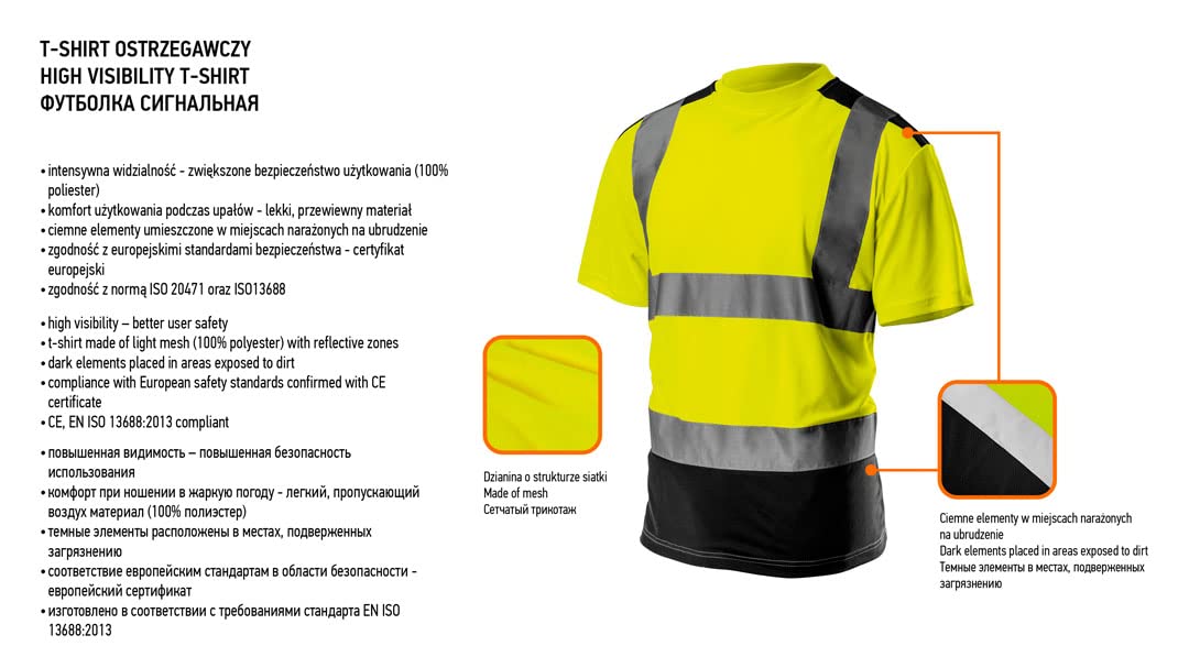 NEO TOOLS Szorty ostrzegawcze męskie rozm. S-XXL (żółty/pomarańczowy) | lub zestaw z koszulką i czapką | strefy odblaskowe, wysoka widoczność, kieszenie wielofunkcyjne