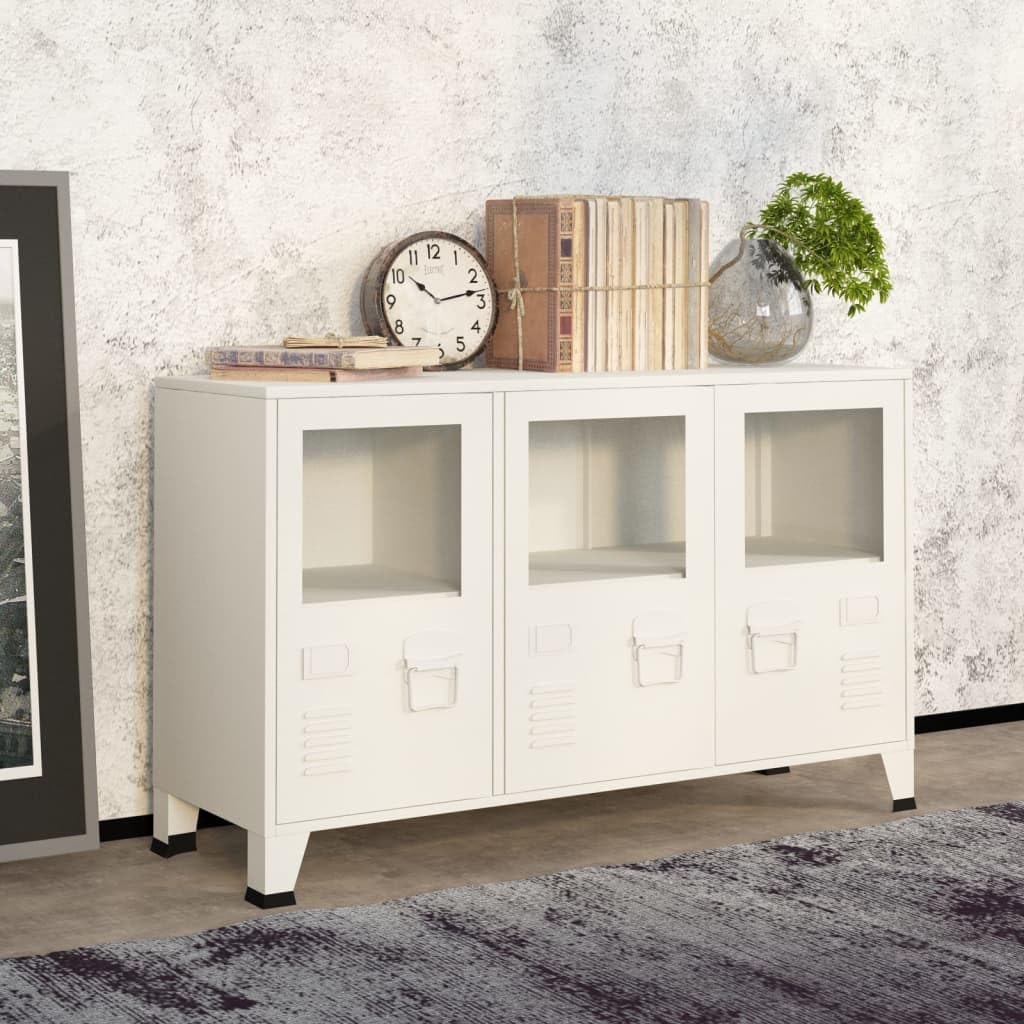 Aparador industrial blanco 105 x 35 x 62 cm, armario de metal de cristal con espacio de almacenamiento, soporte para placa de nombre, para salón, comedor y cocina