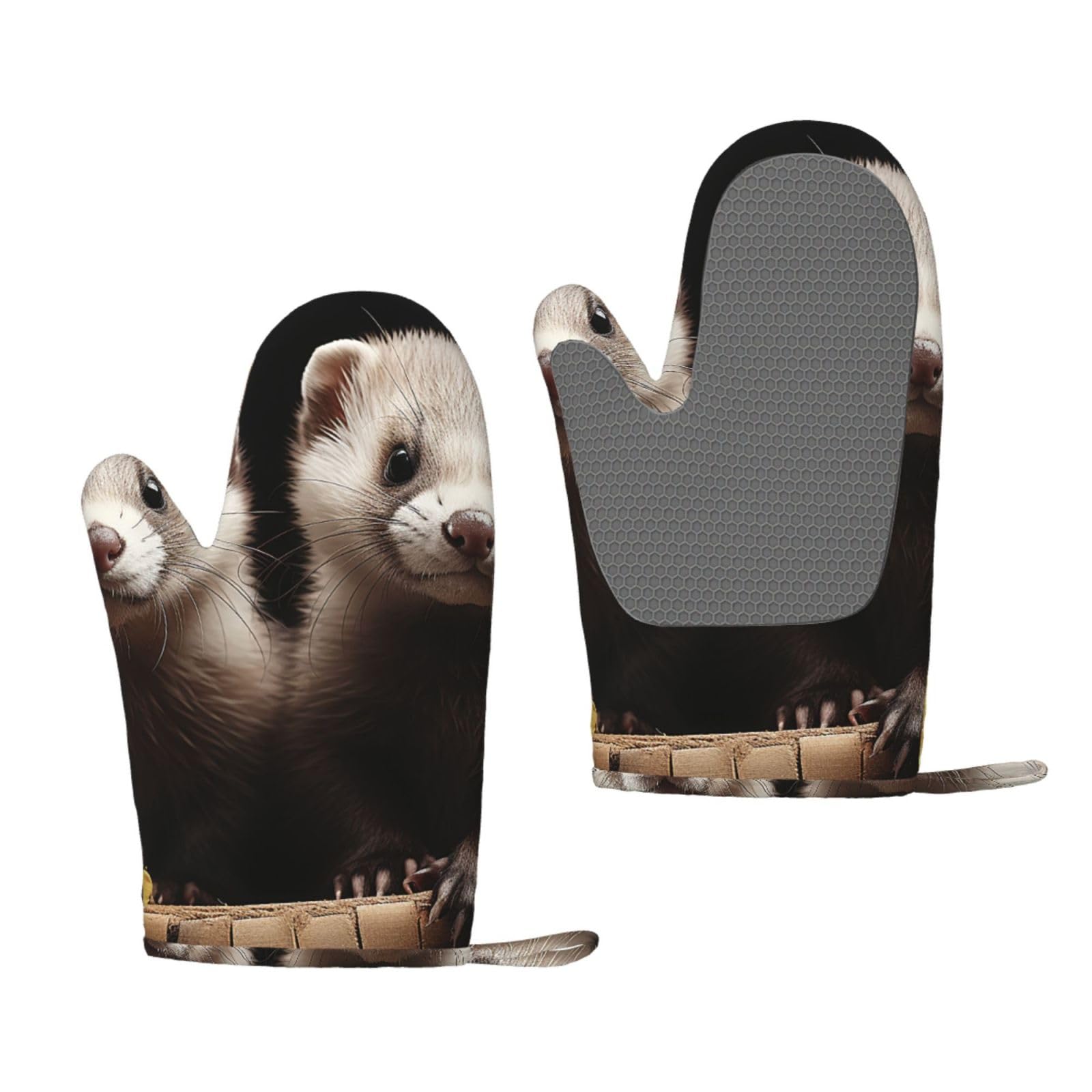 Oven Mitts Sets of 2 Heat Resistant Kitchen Gloves Ferrets Oven Mitts BBQ Oven Gloves Non-Slip Silicone Oven Mitts Waterproof Cooking Safety Gloves for Kitchen Baking Cooking
