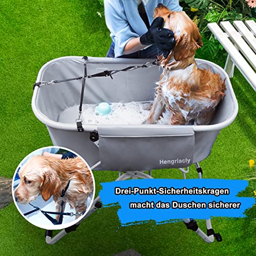Hengriacly Hundebadewanne, Erhöhtes Haustierbadewanne, Höhenverstellbarer Haustierpflegewanne max. bis 65kg, Collapsible und Tragbare, Badewanne für kleine bis mittelgroße Hunde und Katzen (Grau)