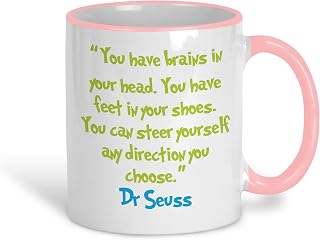 Dr Seuss Book Quote"Brain in your head, feet in your shoes, steer yourself" Inspiring Literature Mug Gift Reading (White and Pink)