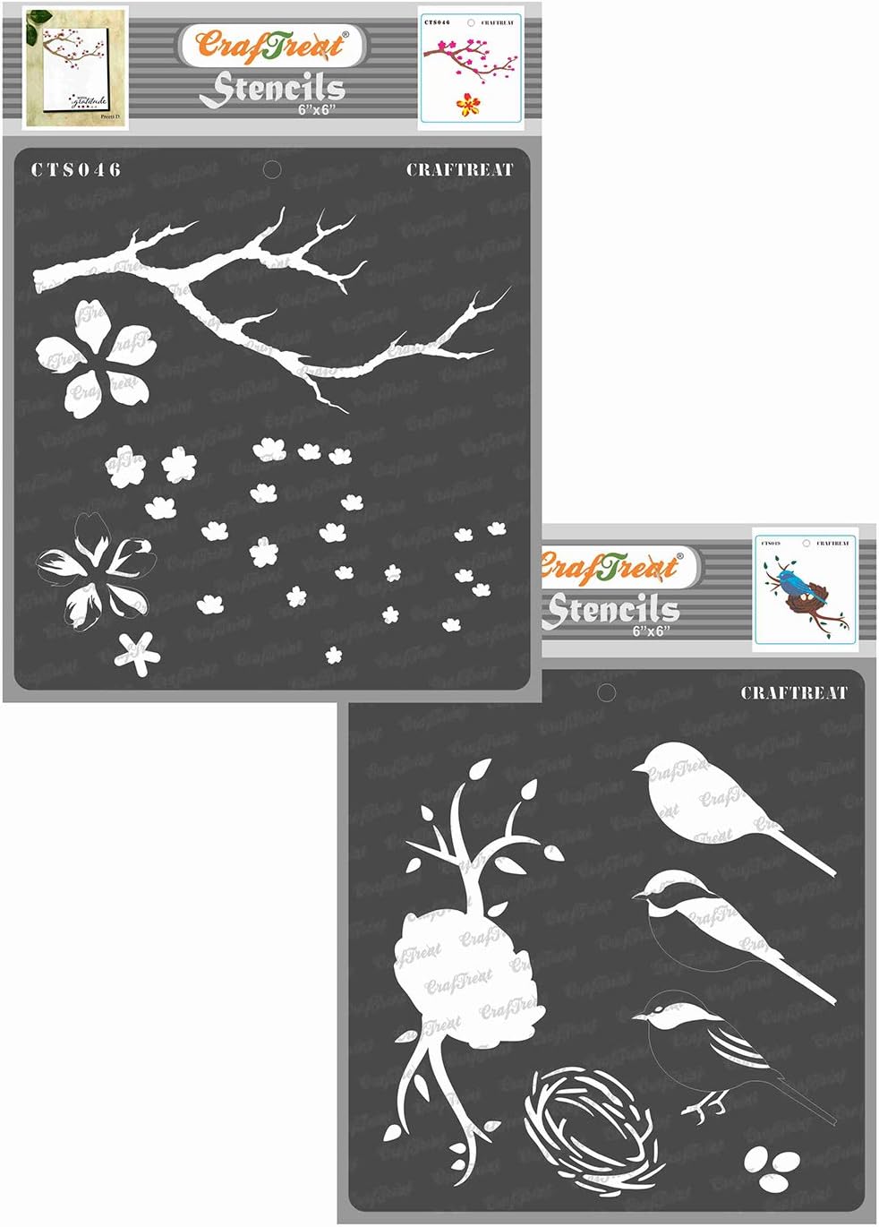 CrafTreat Layering Stencils for Crafts Reusable Vintage Cherry Blossom and Bird & Nest (2Pcs