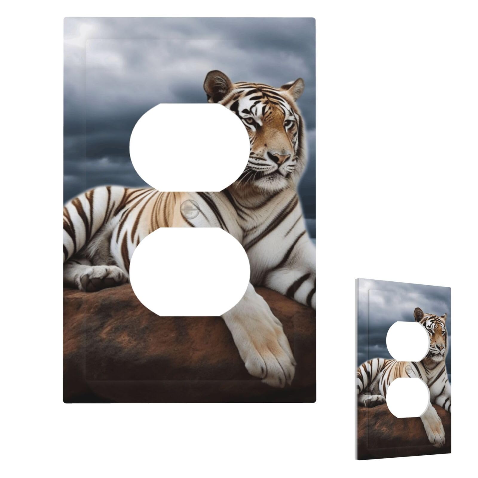 Aceprints Duplex Majestic Tiger Resting On A Rock With Cloudy Sky Wall Plate Cover Modern Decorative Light Switch Cover Unbreakable Receptacle Outlet Covers For Living Room Bedroom Decor
