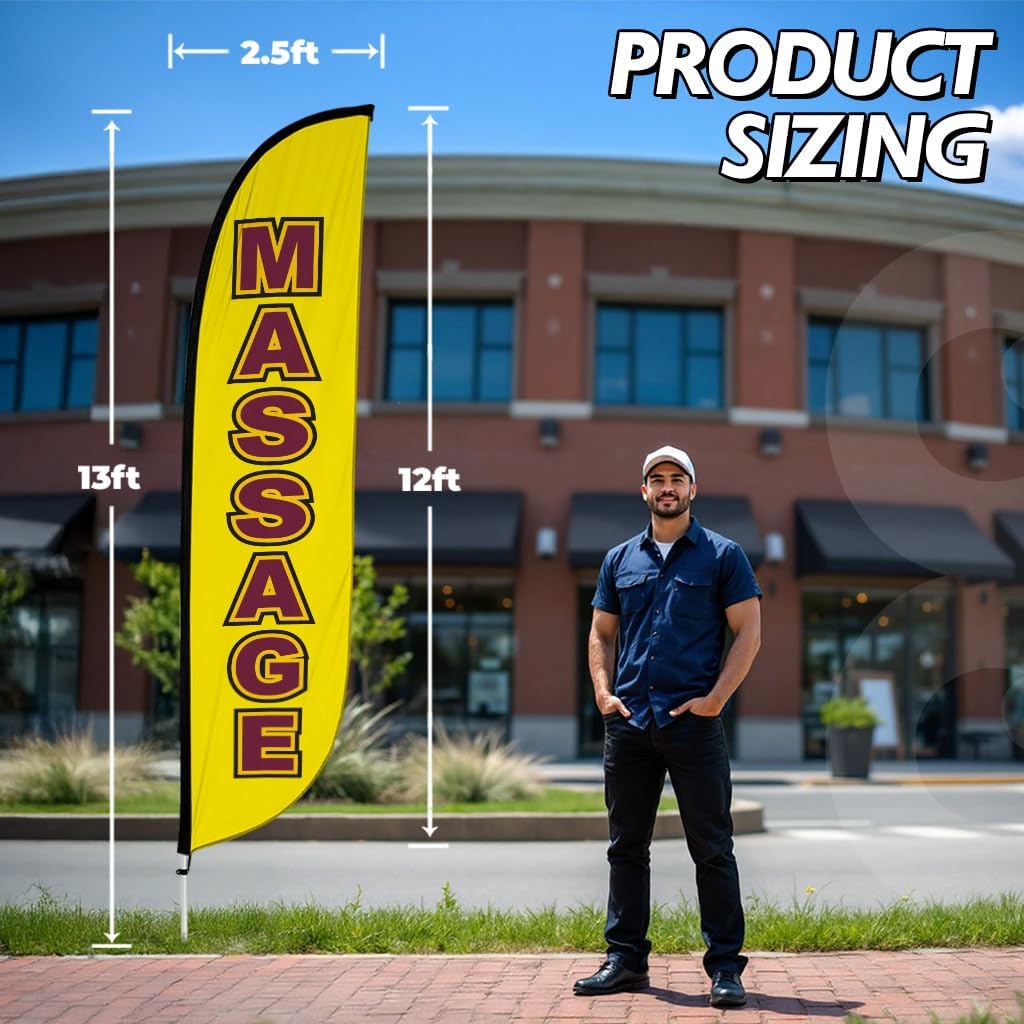LookOurWay Feather Flag Pole Kit - 12 Feet Tall Advertising Flag Banner with Fiberglass Pole Kit and Ground Spike for Business Promotion - Business Flags - Massage Yellow (10M1200160)