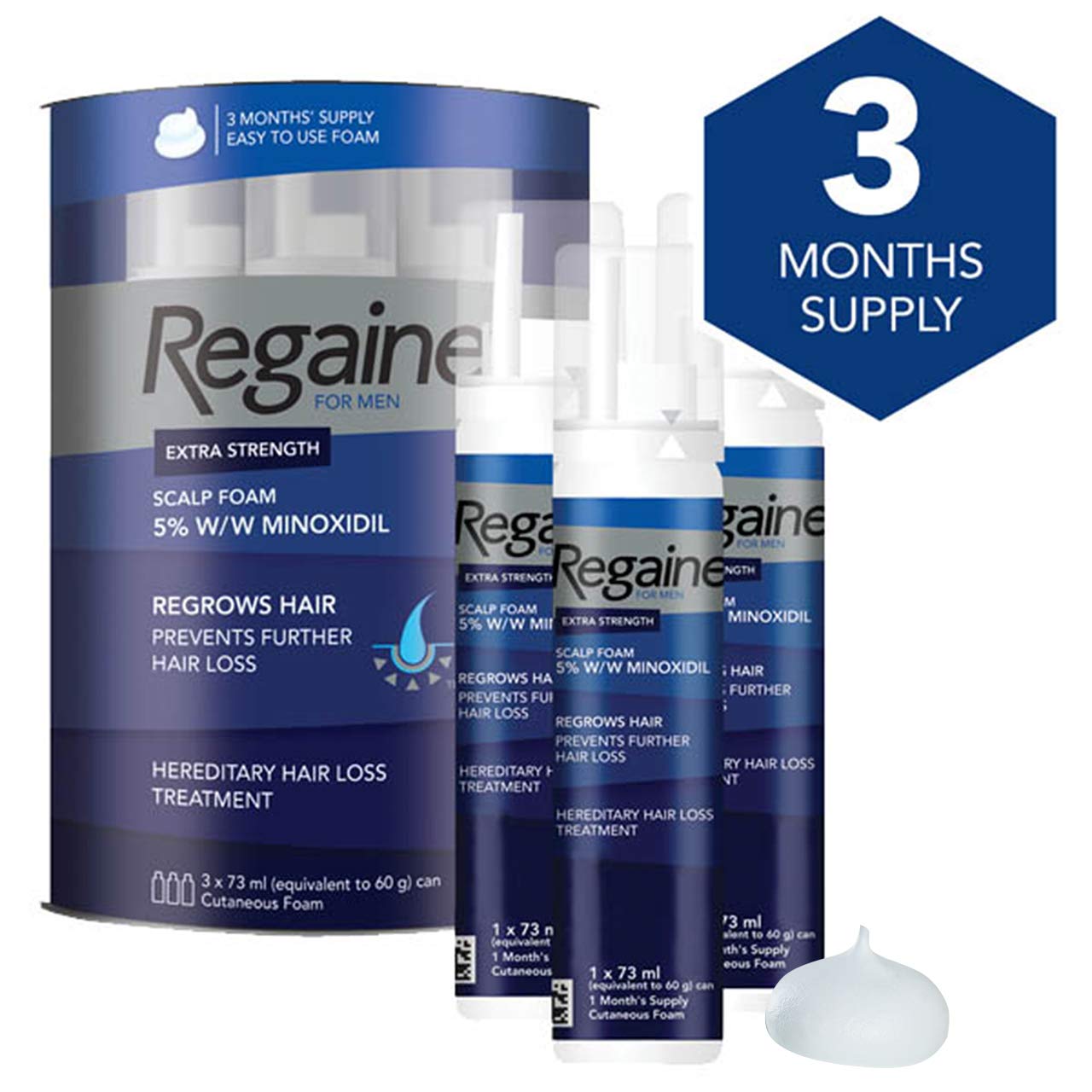 Regaine For Men Extra Strength Scalp Foam - Scientifically Proven To Help Stop Hereditary Hair Loss - Minoxidil Foam for Hair Regrowth - 3 x 73 ml
