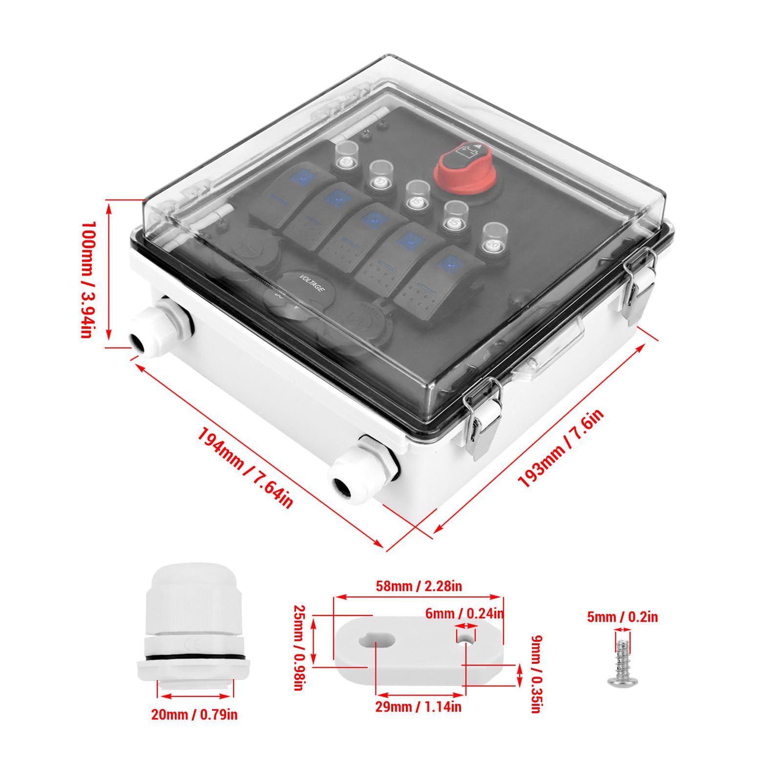 Schalterfeld 5-fach mit USB Ladegerät und Voltmeter, wasserdichte Schaltbox IP67, 3-Positions Kippschalter mit LED Anzeige für LKW Wohnmobil Boot Outdoor Camping