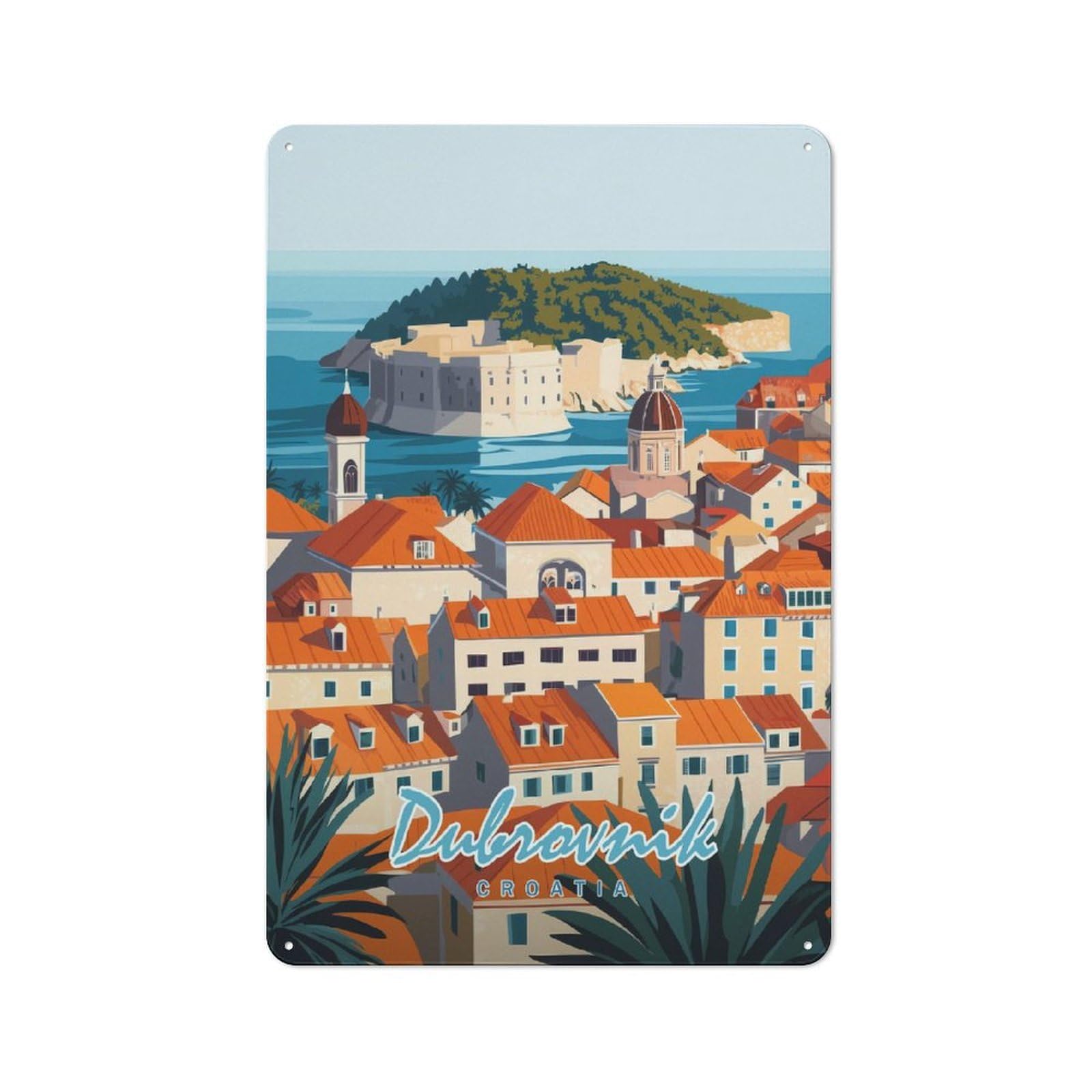 Junmoney Style-20 Tin Wall Plaque 30X20cm With Dubrovnik Cityscape For Living Room Or Hallway, For Vintage Wall Decor Fans, For Themed Room Decoration