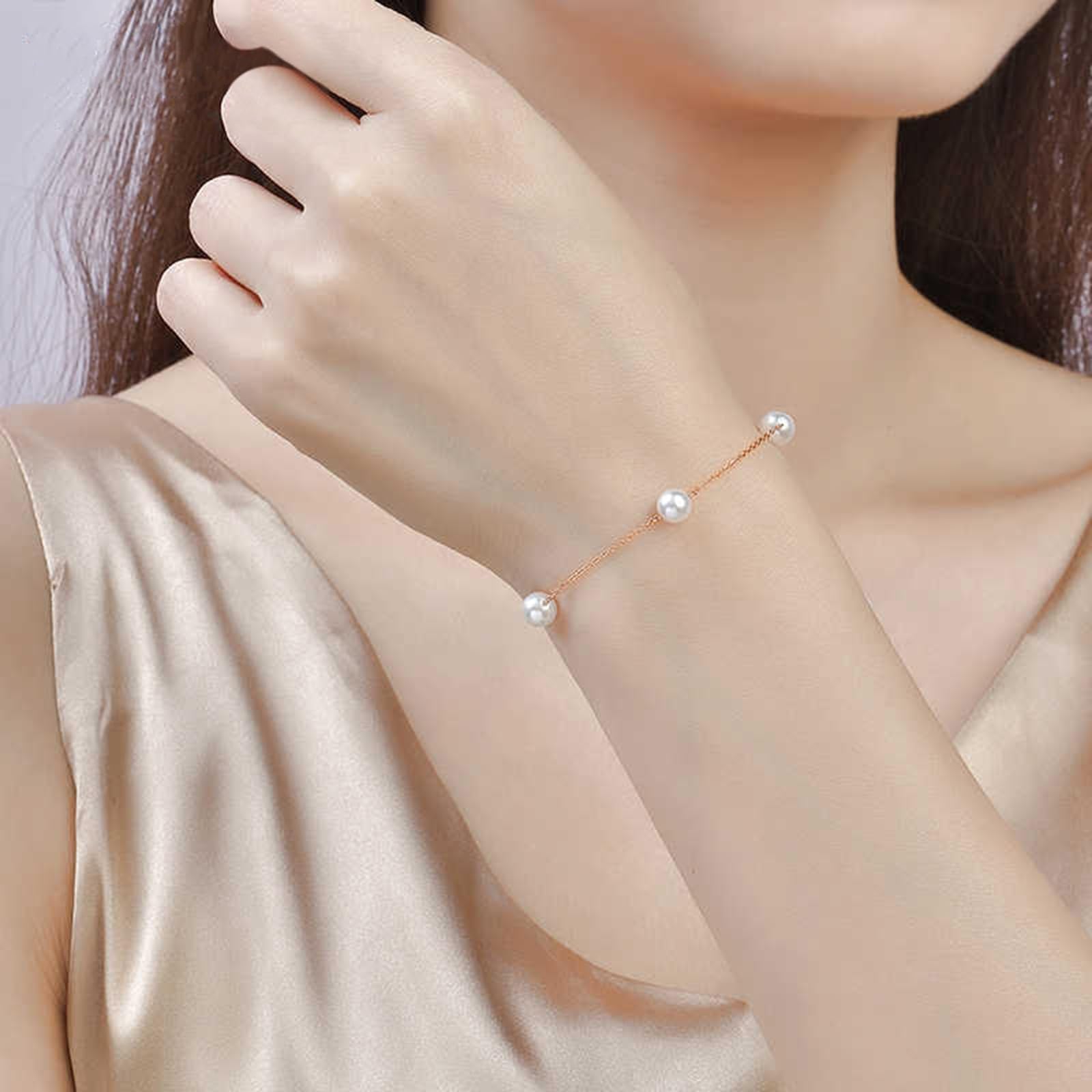 Pulseras de oro rosa para mujer, perlas de oro rosa de 5.5-6 mm, pulseras de hermana mayor para mujer