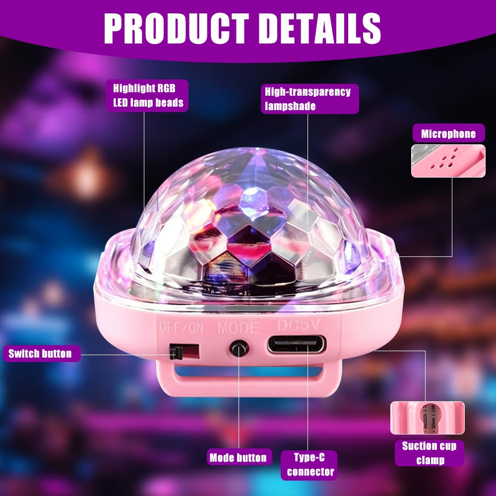 8 Stück Disco Ball Licht, USB Aufladen Discokugel Armband, Tragbare Discokugel Armband Partylicht mit Saugnapf, 5 Dynamische, Sprachgesteuert, für Party Auto Tanzen DJ Club, Weiß Rosa Gelb Blau