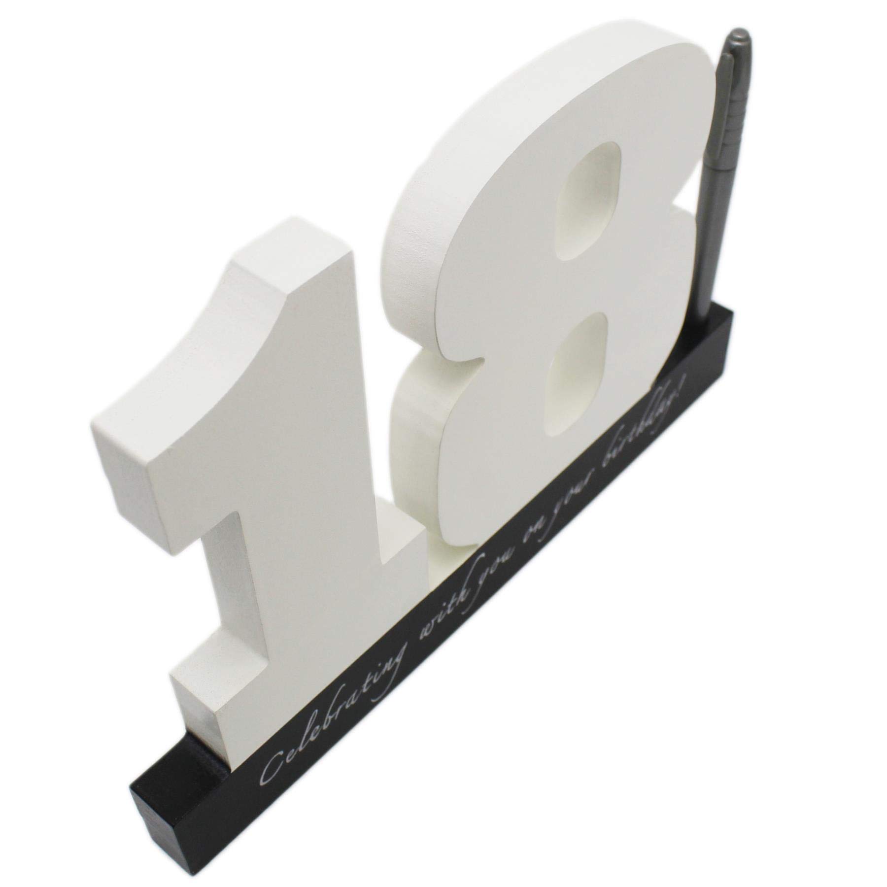 Carousel Home and Gifts - Targa di compleanno con numeri di firma per 18 compleanno ~ Blocchi bianchi in legno con penna inclusa, targa per il 18° compleanno, cartello per libro degli ospiti