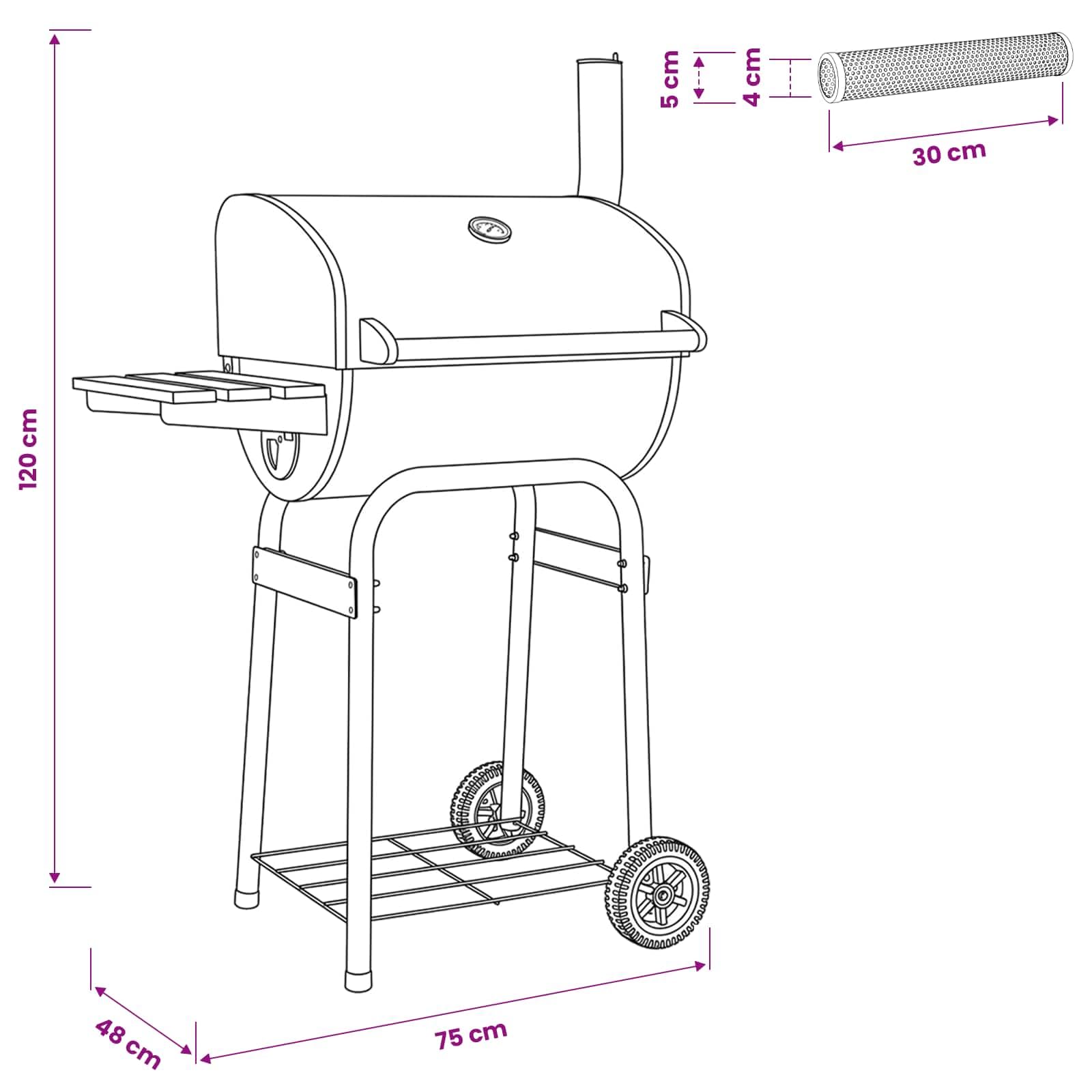 Grill węglowy 75 x 48 x 120 cm srebrny | Stal malowana proszkowo, zintegrowany termometr, koła, obszar gotowania Φ37 x 2 sztuki