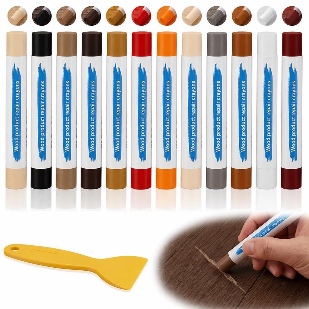 Wax Filler Wood Repair Sticks, Wax Sticks for Wood Repair, Laminate Floor Repairs Kit, Soft Repairs Crayons for Wooden Furniture Laminate Floor Table Door Scratches Holes (Warm Brown Series-12PCS)