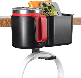 Desk Cup Holder, 2 in 1 Table Cup Holder with Headphone Hanger, Anti-Spill Tableside Cup Holder for Water Bottles, Wheelchairs, Workstations, Gaming Desk Accessories Black