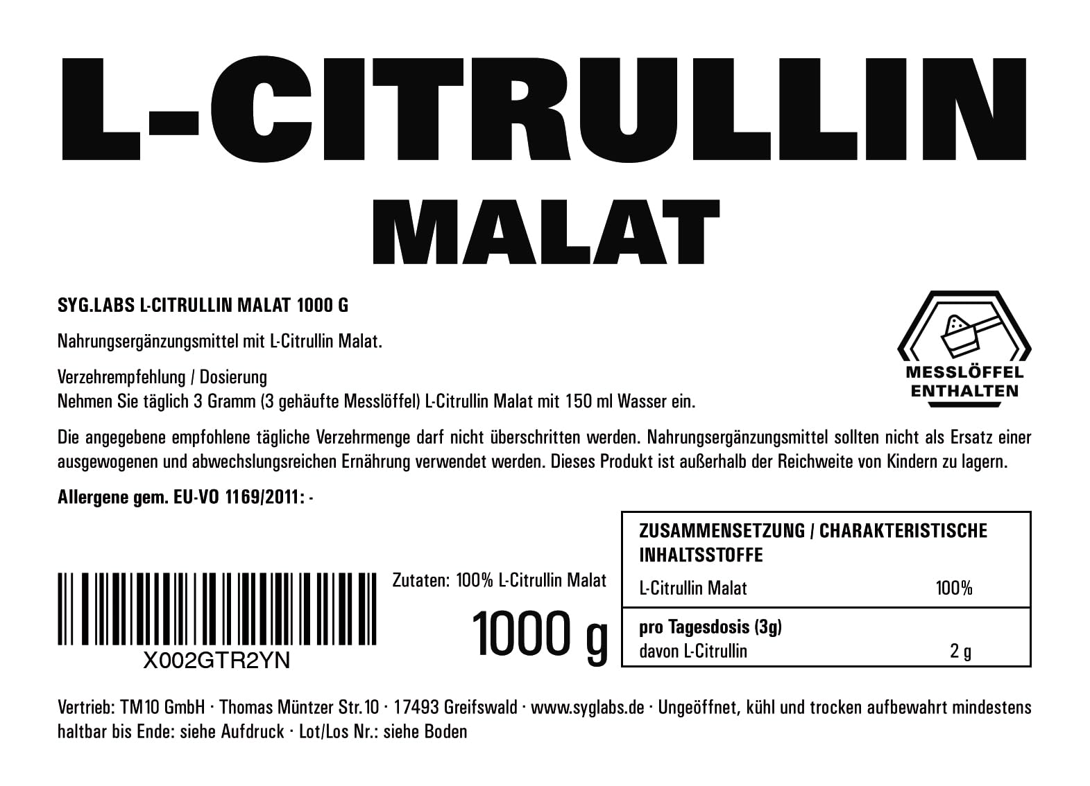 L-Citrullin Malat 2:1 1000g, optimale Löslichkeit - vegan und ohne Zusätze - Aminosäure Citrullin