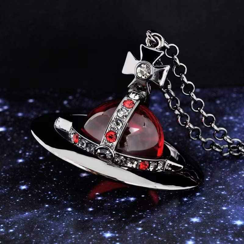 ZHAOZHAO Punk Crystal Quartz Black and Red Saturn Necklace for Women | Unique Punk Saturn Planet Pendant Jewelry Necklace3