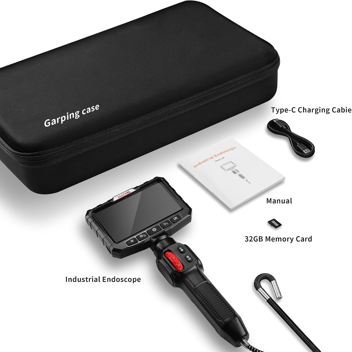 Two-Way Articulating Borescope Camera with Light, 0.24 in Mini Inspection Camera with 5 in HD Screen, 6.5ft Semi-Rigid Snake Cable Endoscope for Wall, Engine, HVAC and Plumbing Checks