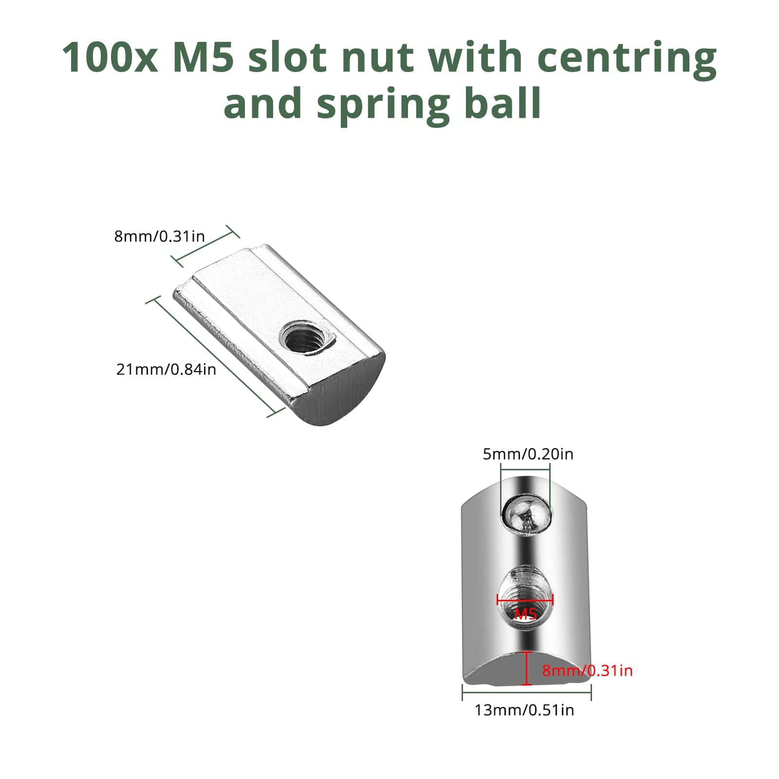 100x EYPINS Nutensteine mit Kugel Nut 8, M5 Hammermutter mit Zentrierung Steg, Gleitmuttern 40x40 Stahl Verzinkt Nutmuttern T-Nut M5 Gewinde für 3D Drucker, CNC, Aluprofil-Extrusionsschlitz 40-Serie