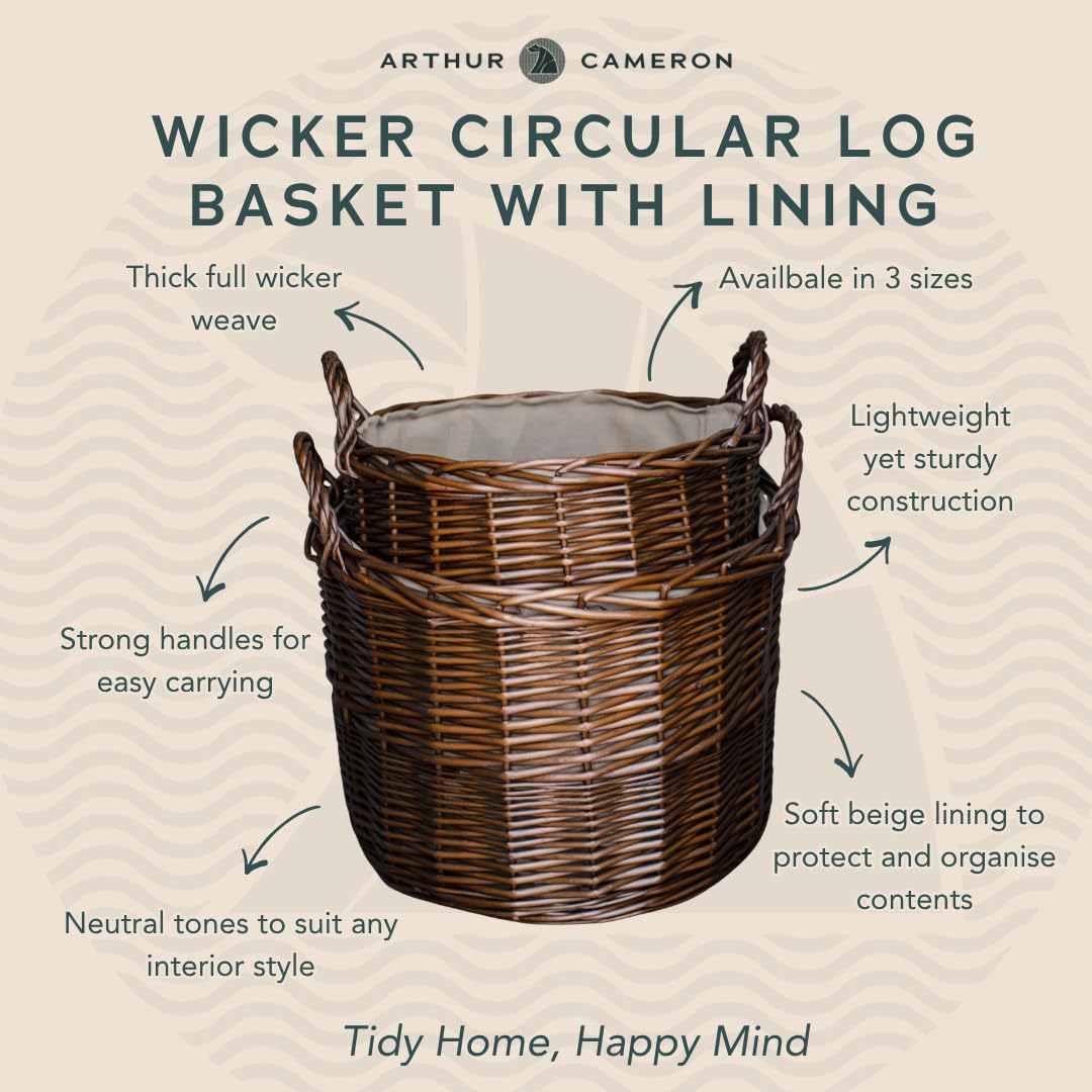 Arthur Cameron Deluxe Circular Wicker Log Basket with Handles & Lining - Wicker Storage Basket, Round Log Basket, Round Basket (Large, Distilled Brown) — view 6