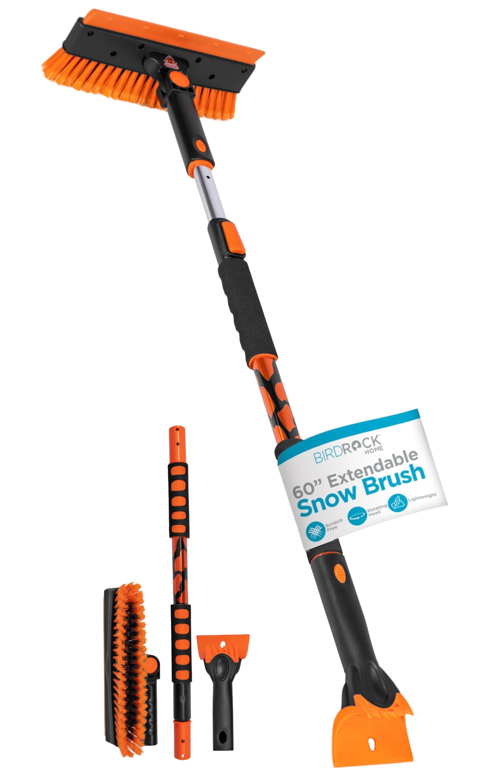 BIRDROCK HOME 60" Extendable Car Snow Brush and Ice Scraper | Lightweight Aluminum Snow Clearing Tool w/Detachable Ice Scraper w/Ergonomic Grip Design | 13" Foam &amp; Bristle Head for Truck Car SUV RV