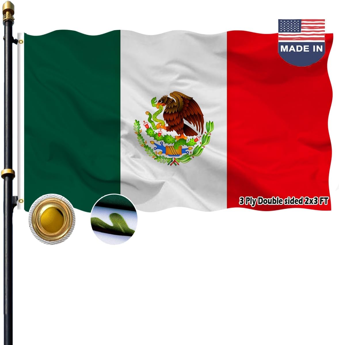 VOLTA 3x5ft Double Sided Embroidered Mexican State Flag - Heavy Duty 3-Ply Polyester Fade Resistant Outdoor/Indoor Flag with Brass Grommets and Reinforced Canvas Header (Authentic Mirror Image Design)