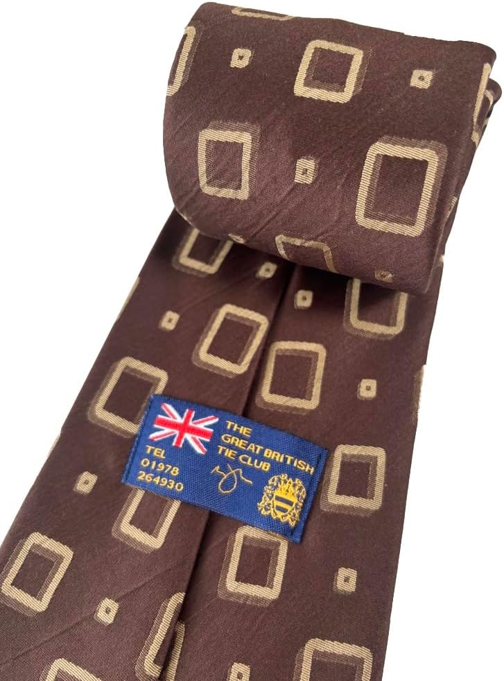 Men's Silk Extra Wide 5 Inch Kipper Neck Tie (Brown Retro Square Print)