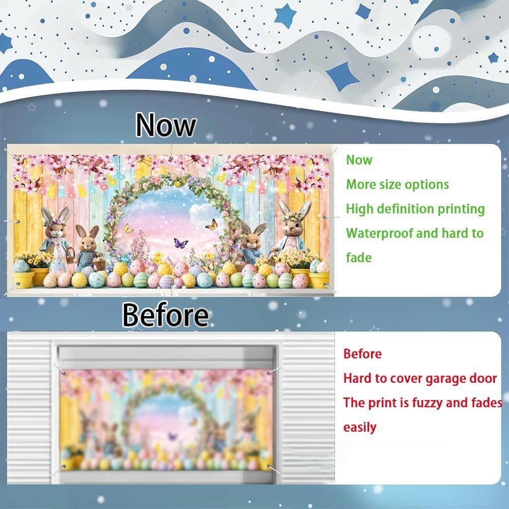 16X7ft Happy Easter Garage Door Backdrop Decoration Cute Bunny Colorful Eggs Spring Floral Door Cover Garage Banner for Outdoor Indoor Spring Easter Party Kids Background Decoration Wall Decor