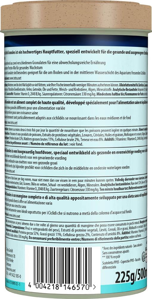 Tetra Cichlid Granules - Miscela di cibo principale con 2 granuli diversi per ciclidi di medie dimensioni, lattina da 500 ml