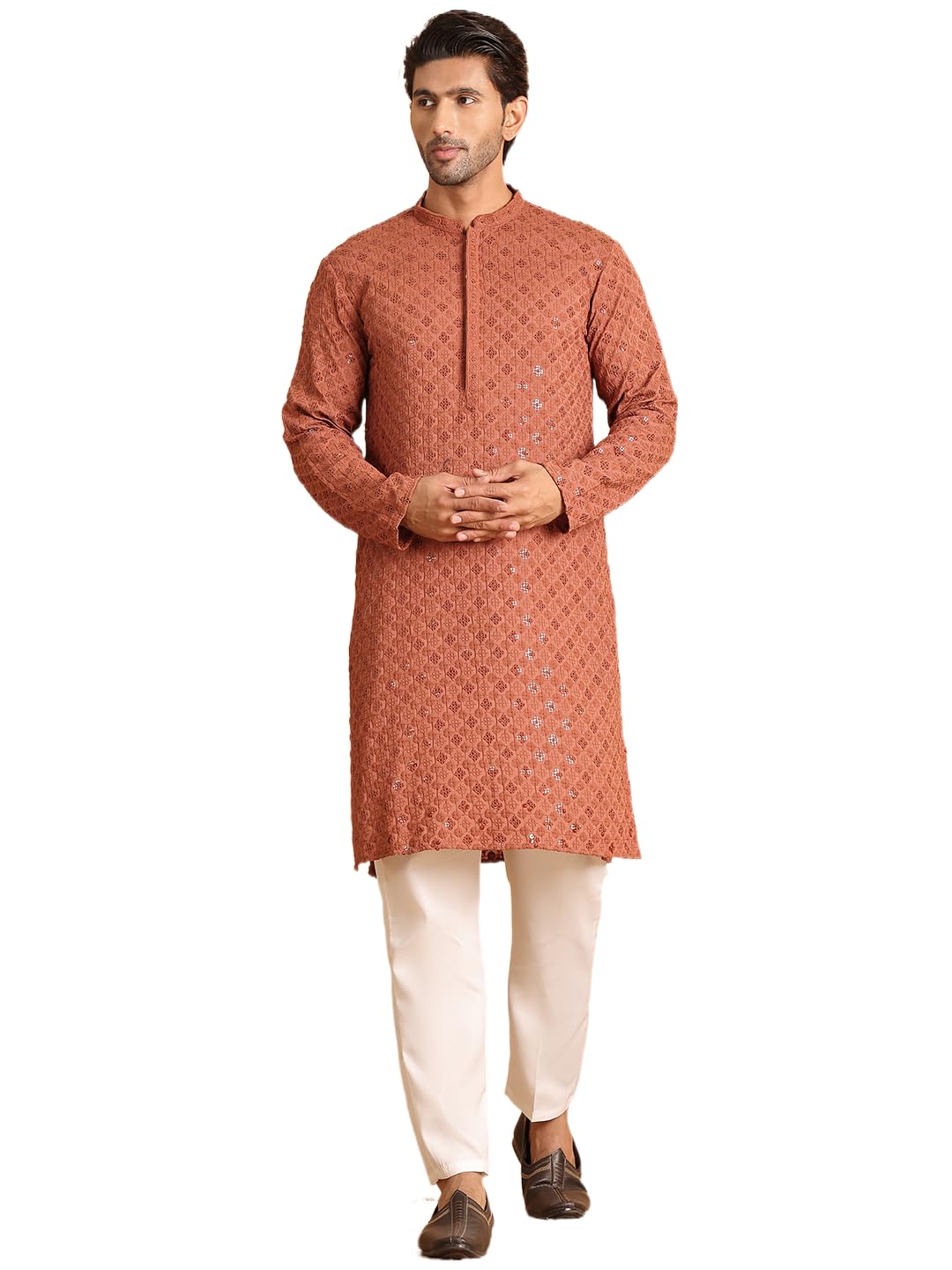 Jompers Rust Embroidered & Sequins Straight Kurta Set For Men (Rust, M)