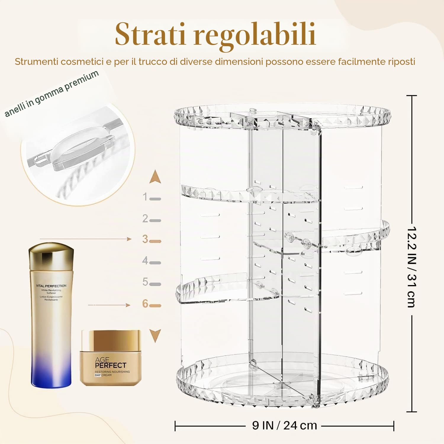 KAHEIGN Organizer per Trucco Rotante a 360°, Supporto per Cosmetici Regolabile in Acrilico 8 Strati di Grande Capacità Portaoggetti per Trucco ProfumoRossetto Costumista Bagno (Chiaro Diamante)