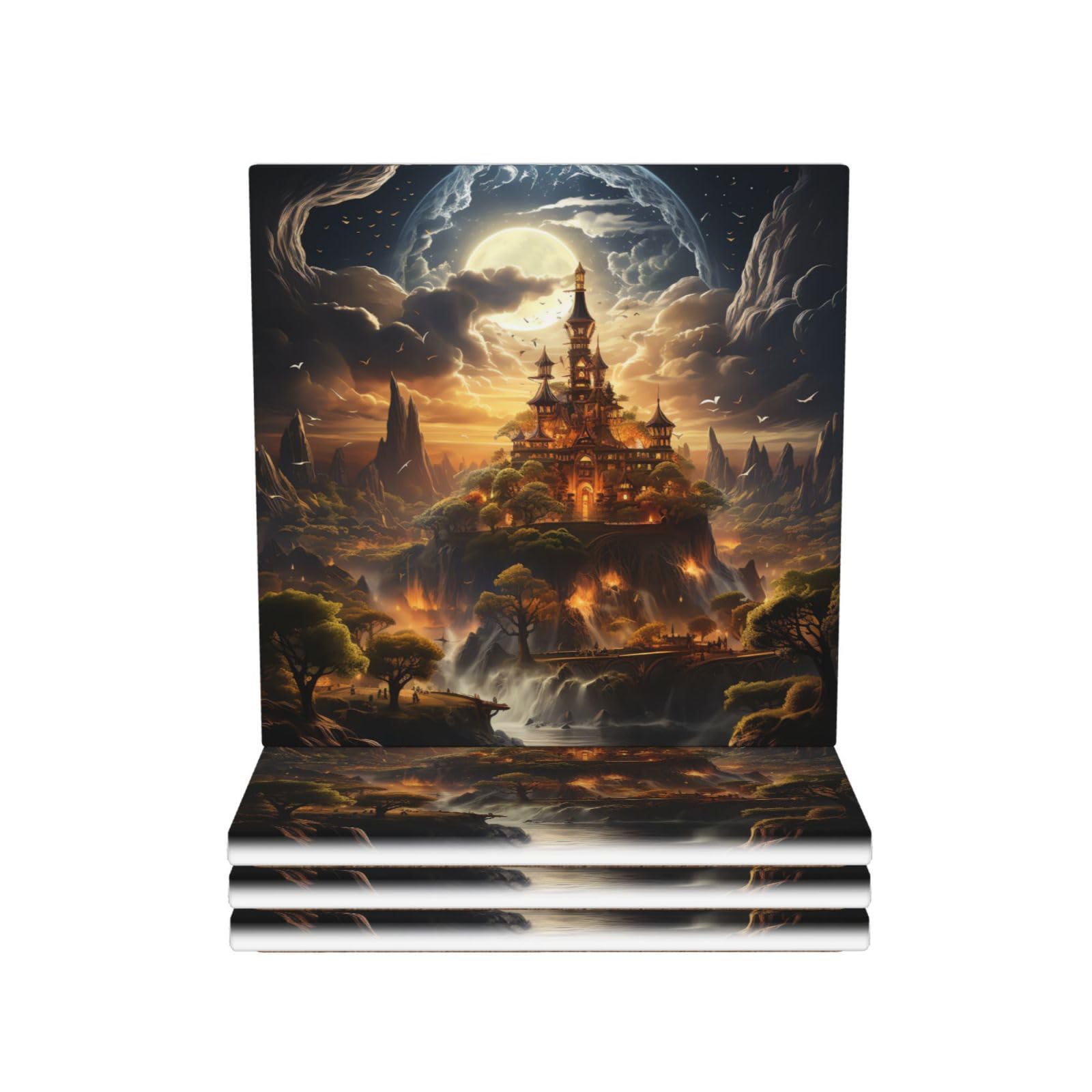 Dessous de verre ronds céramique lot de 4 absorbants motif château