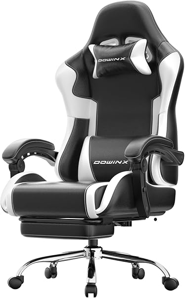 Dowinx Ergonomic Gaming Chair with Footrest, Heavy Duty 330lbs Office Chair, Massage Lumbar Support, Adjustable Height & Headrest Pillow, Comfortable for Back Pain Relief Streaming Long Gaming White