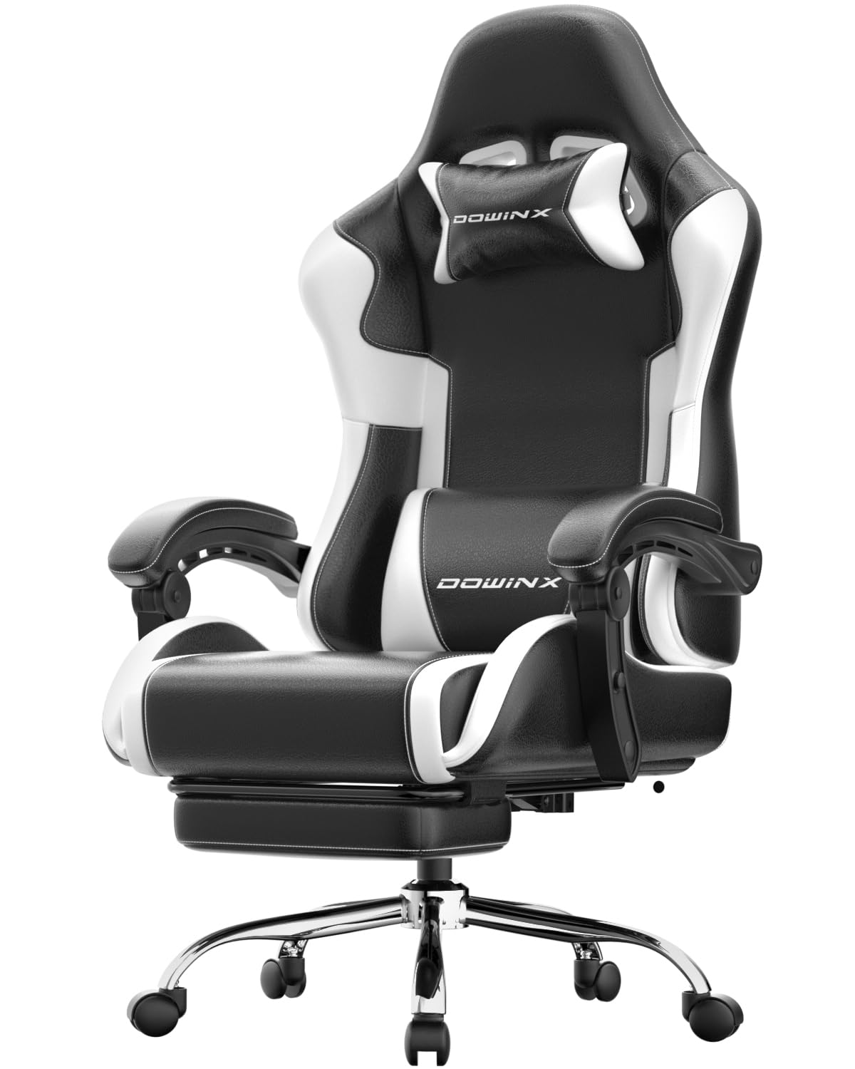 Dowinx Ergonomic Gaming Chair with Footrest, Heavy Duty 330lbs Office Chair, Massage Lumbar Support, Adjustable Height & Headrest Pillow, Comfortable for Back Pain Relief Streaming Long Gaming White