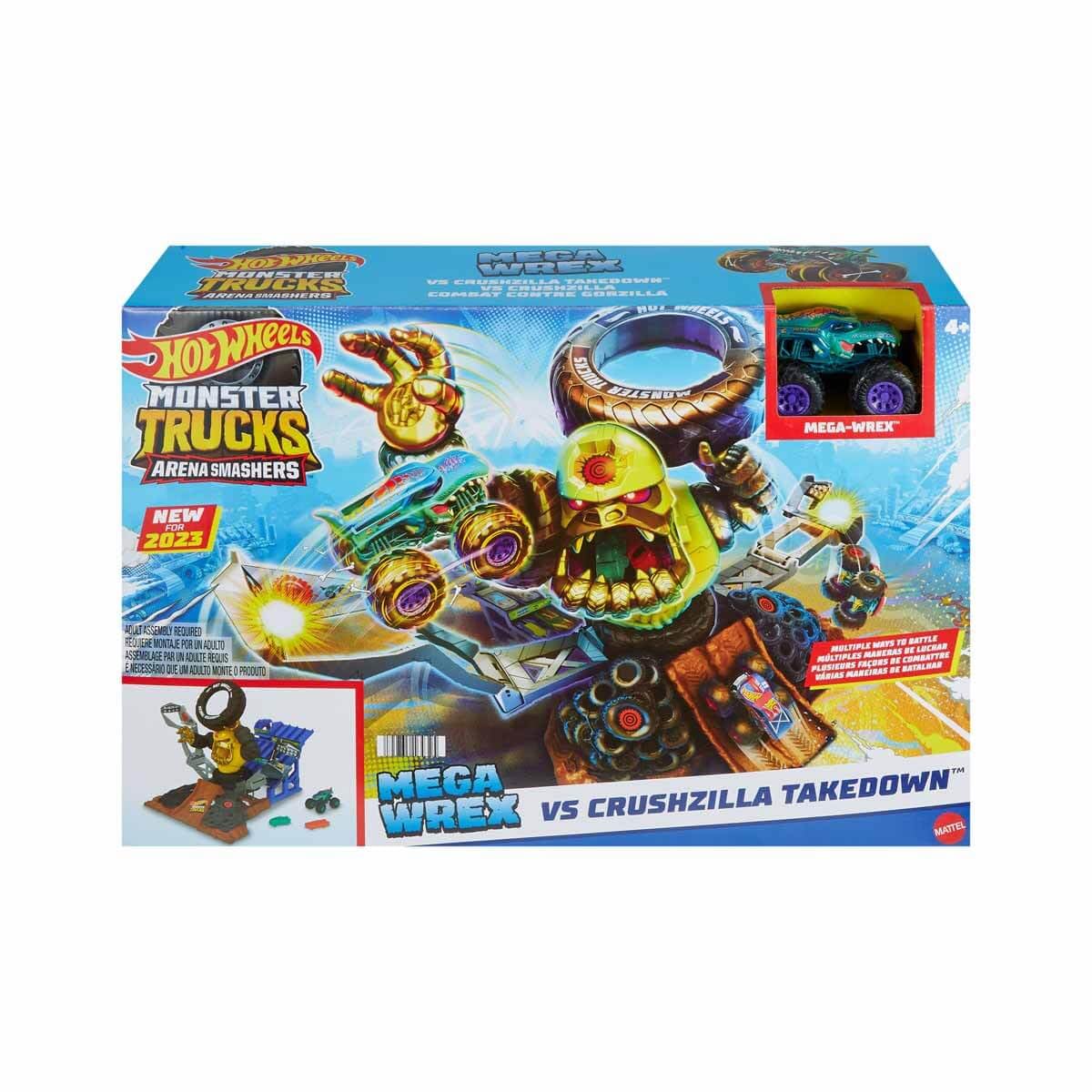 Hot Wheels Monster Trucks Arena Smashers – Arena Goryla Zestaw (Mega-Wrex w skali 1:64 vs Crushzilla, 2 samochodziki do „zmiażdżenia”), HPR47