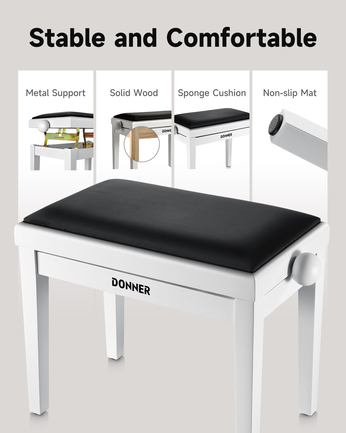 Donner Sgabello per pianoforte regolabile in legno massello con seduta in spugna ad alta densità, sgabello in legno con dispositivi di sollevamento in metallo, bianco