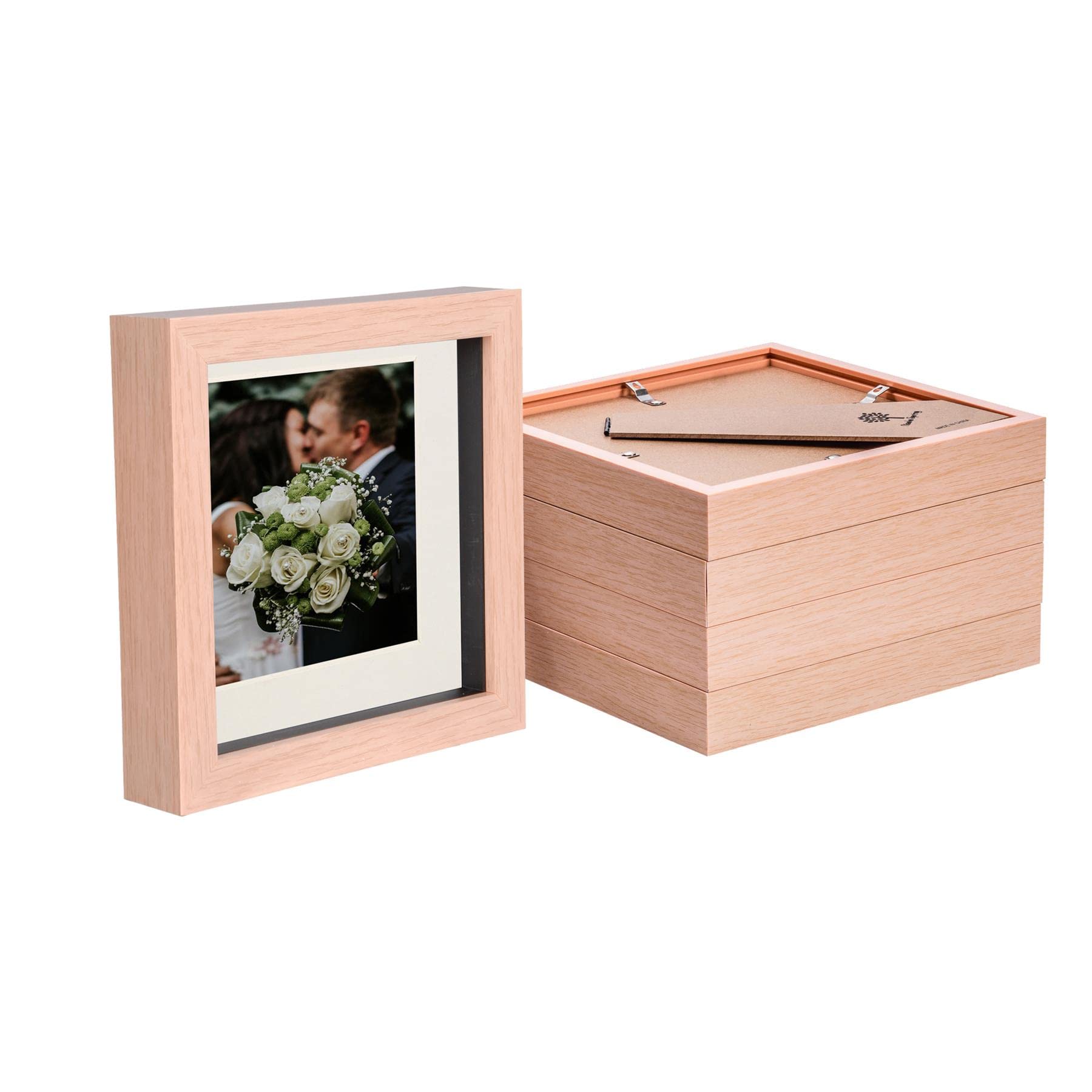 Nicola Spring Light Brown/Ivory 5X 6 X 6 Inch 3D Box Wooden Photo Frames With 4 X 4 Inch Mount - Standing Hanging Craft Shadow Memory Picture Display Case For Flowers Crafts Art Medal