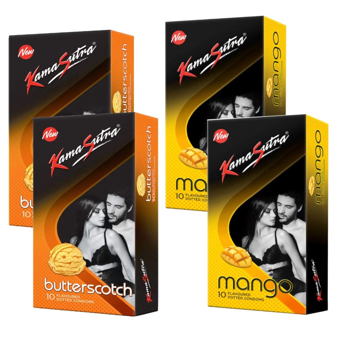 KS A 'KAMASUTRA' Lubricated Multicolour Butterscotch Flavour Natural Rubber Latex Condom for Men (4 Pack of 40 Condom)