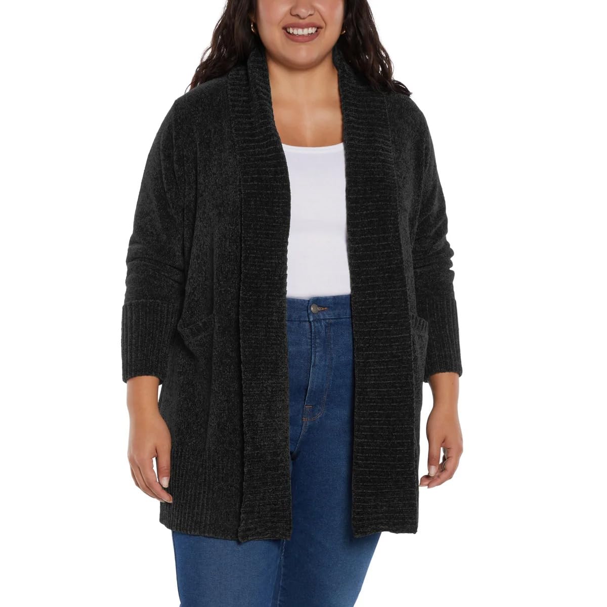 Orvis Cardigan da donna in ciniglia, con tasche, morbido, aperto sul davanti, peso medio