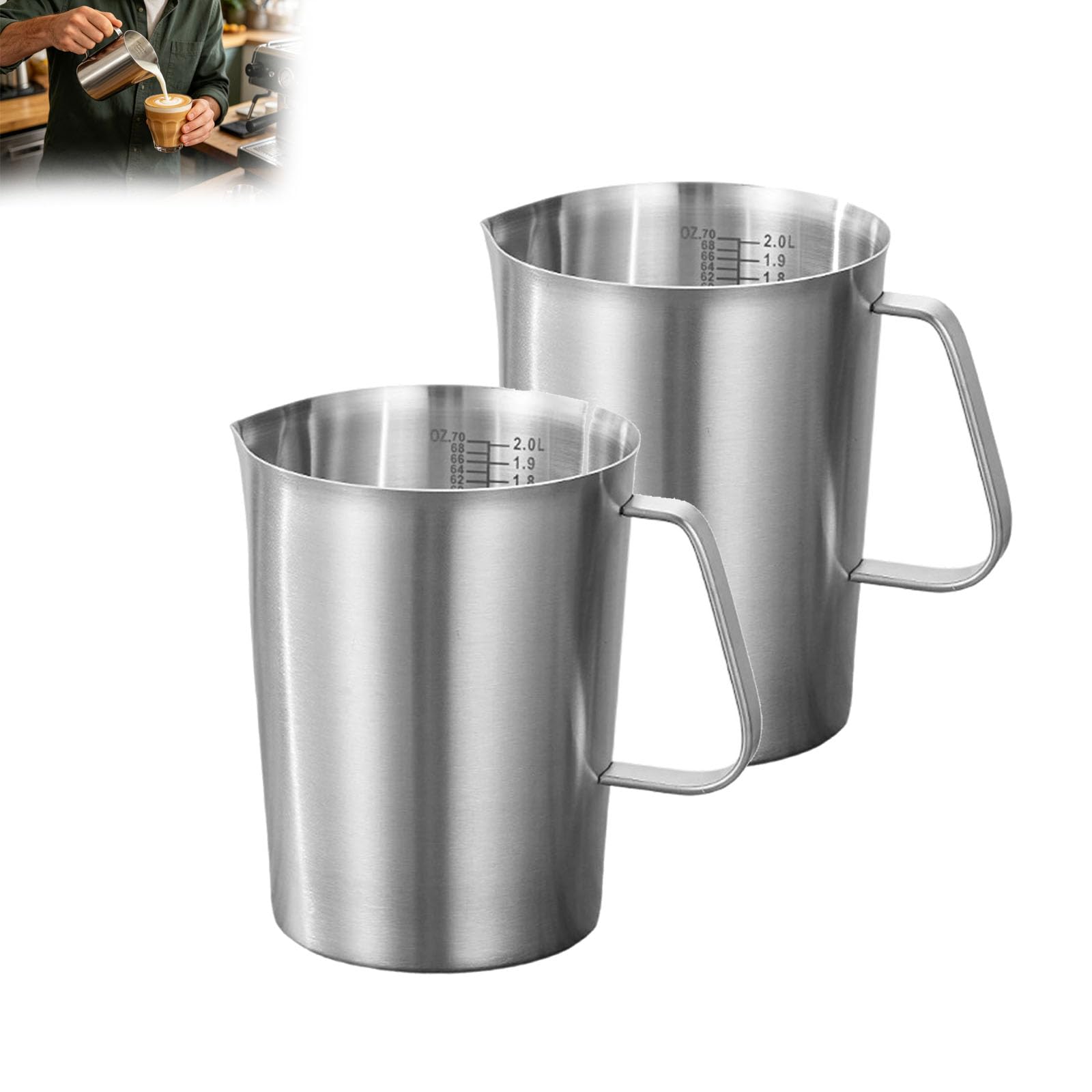 Taza medidora de acero inoxidable con marcas claras, hervidor graduado de 2000 ml para café, té, leche, herramienta de cocina para ingredientes secos líquidos precisos (paquete de 2 unidades)